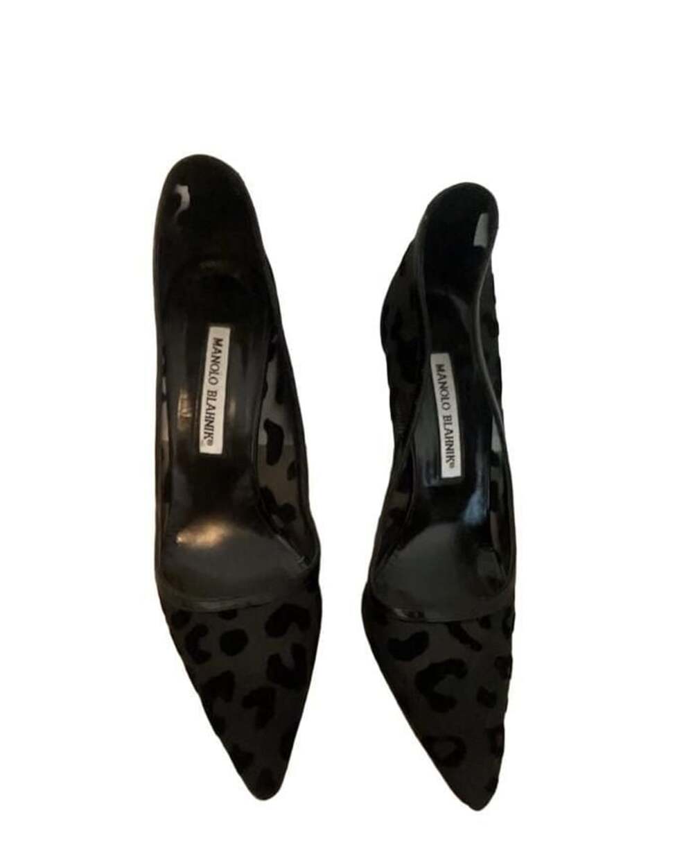Manolo Blahnik Blixa Leo Mesh Leopard Heels Black Patent Leather